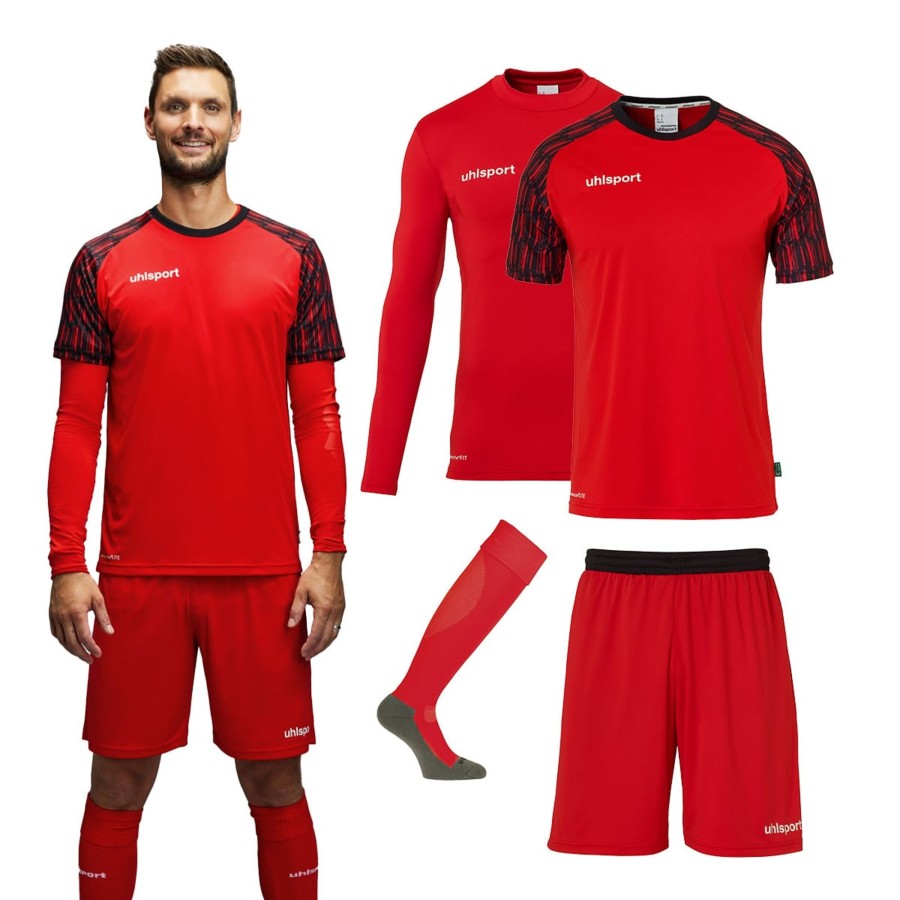 Kinder Uhlsport Torwarttrikots | Uhlsport Reaction Kinder Torwart Set Rot/Schwarz