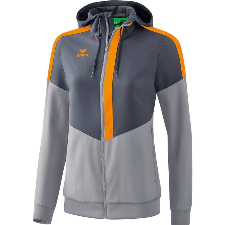 Damen Erima Jacken | Erima Damen Tracktop Jacke Mit Kapuze Squad Grau-Orange